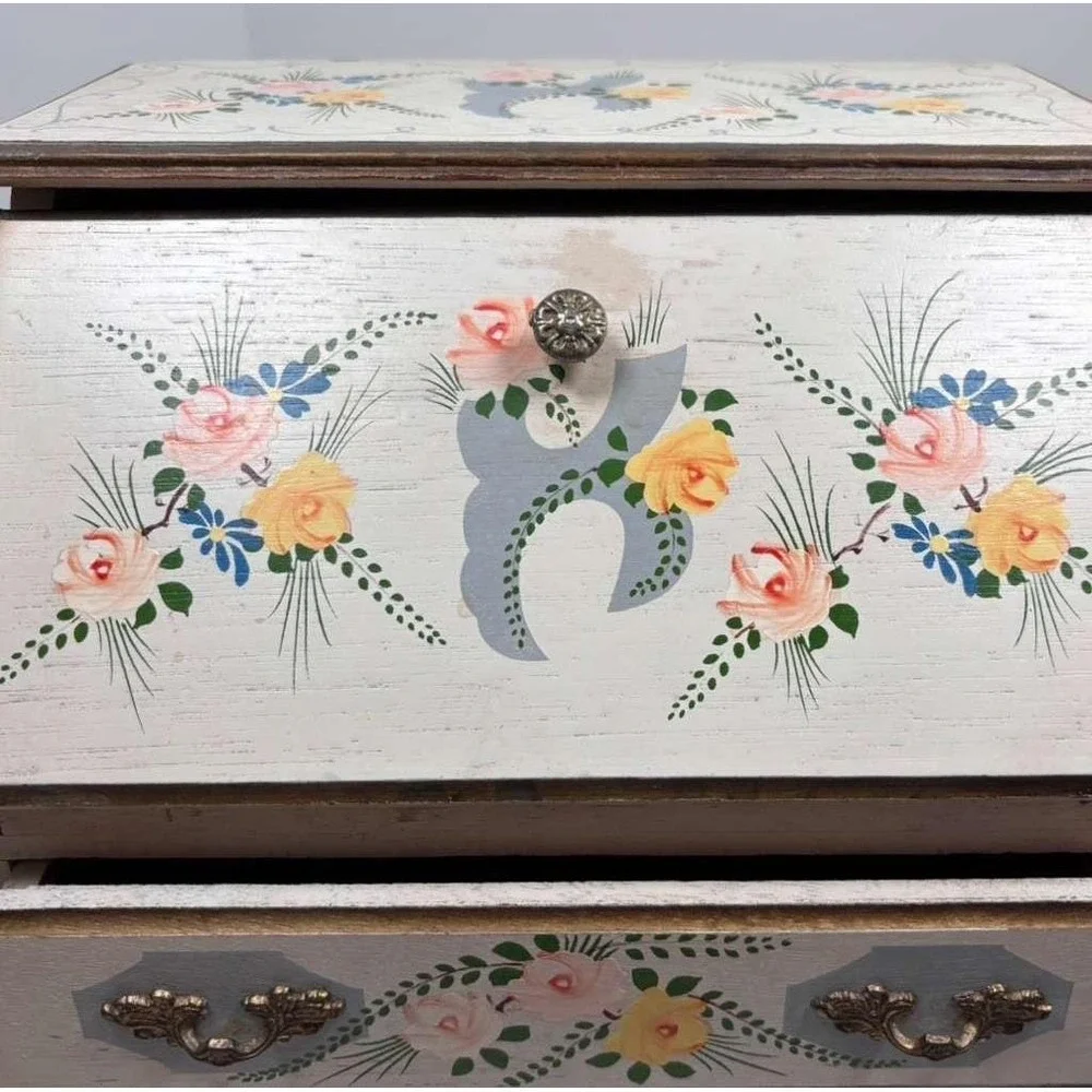 VTG Andrea by Sadek hand-painted wooden‎ jewelry music box cream floral design